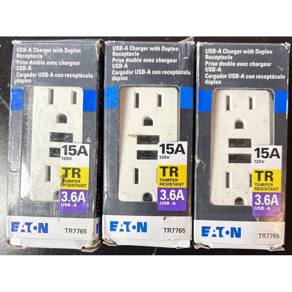 NEW 3 Pack Eaton TR7765W Dual USB-A Charger Duplex Receptacle 15A White TR (16X)